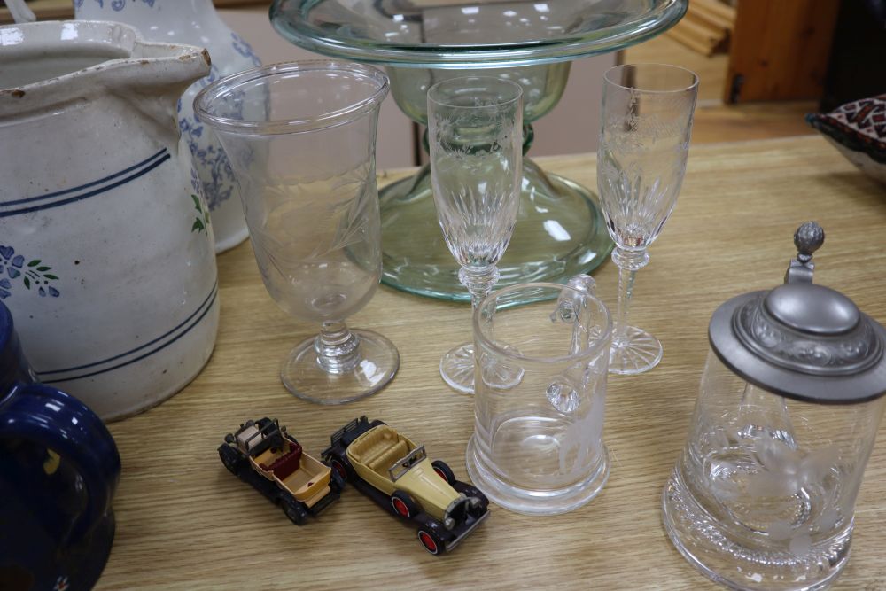 Assorted ceramics and glass, including a pair of Gustavsberg Argenta planters, 33cm diameter (30)